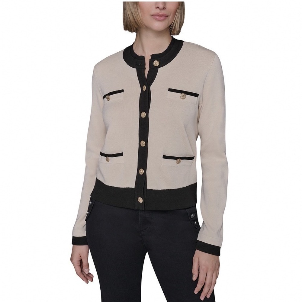 Karl Lagerfeld Paris Women Birch Black Contrast Trim Cardigan L5HSS776 Large NEW